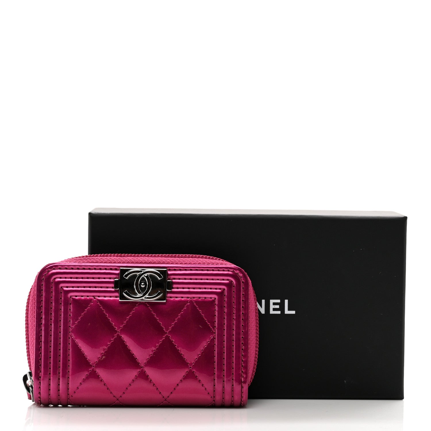 Chanel Metallic Patent Quilted Zip Around Boy Coin Purse Wallet Fuchsia 8 of 8
