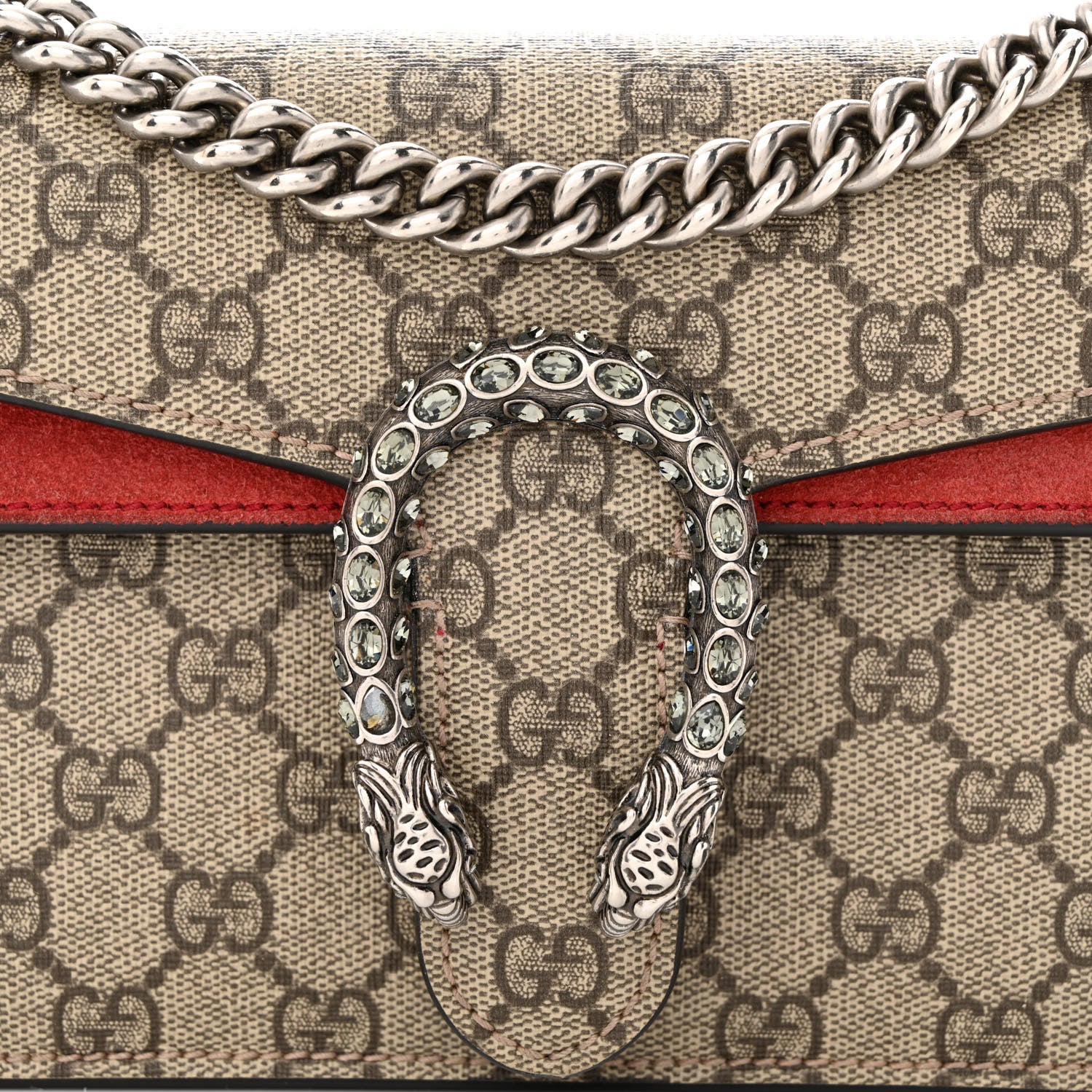 Gucci GG Supreme Monogram Suede Crystal Small Dionysus Shoulder Bag Beige Ebony Vulcanic Red 10 of 12