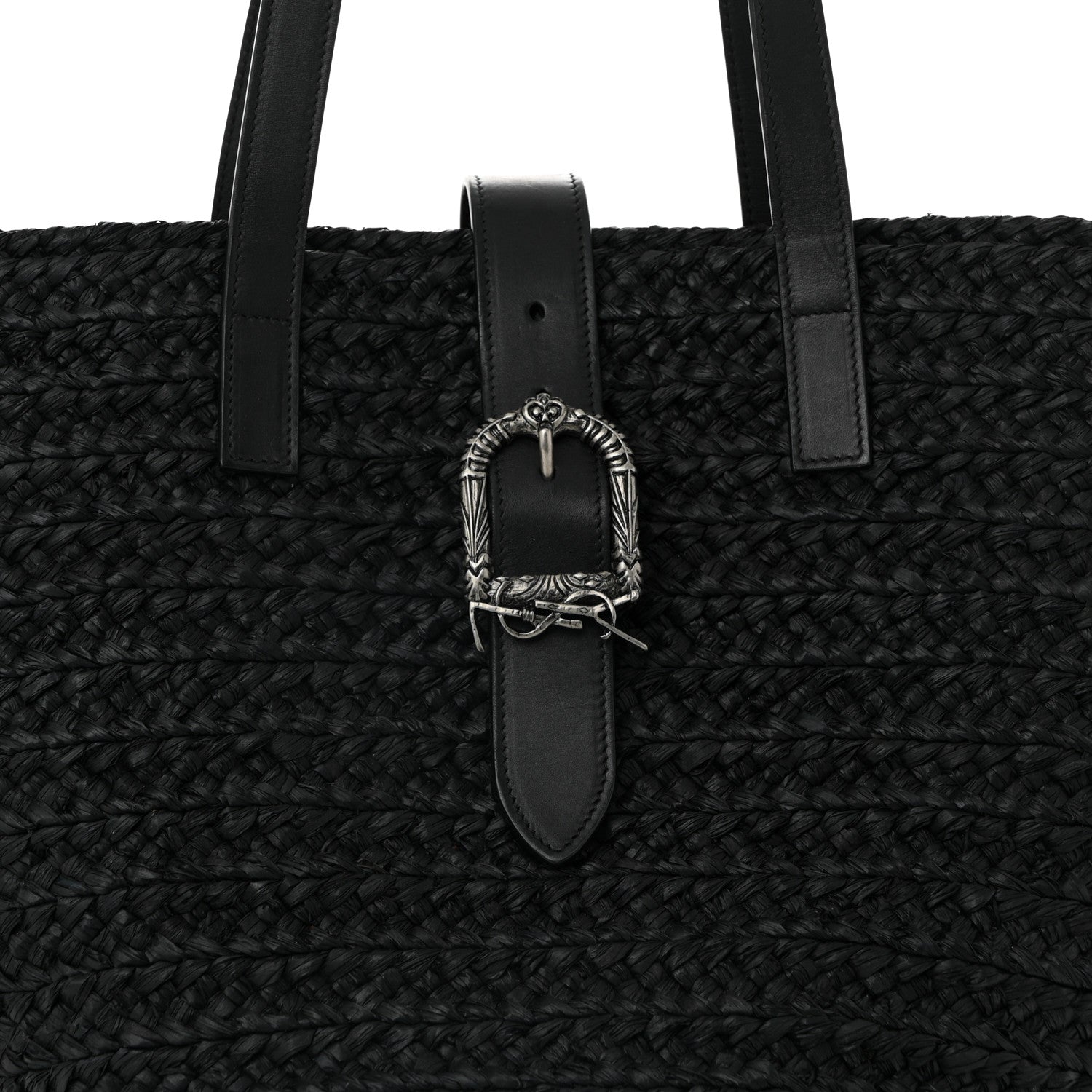 Saint Laurent Raffia Calfskin Celtic Buckle Medium Panier Tote Black 7 of 9