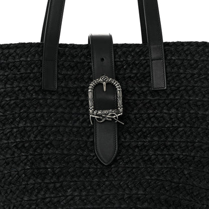 Saint Laurent Raffia Calfskin Celtic Buckle Medium Panier Tote Black 7 of 9