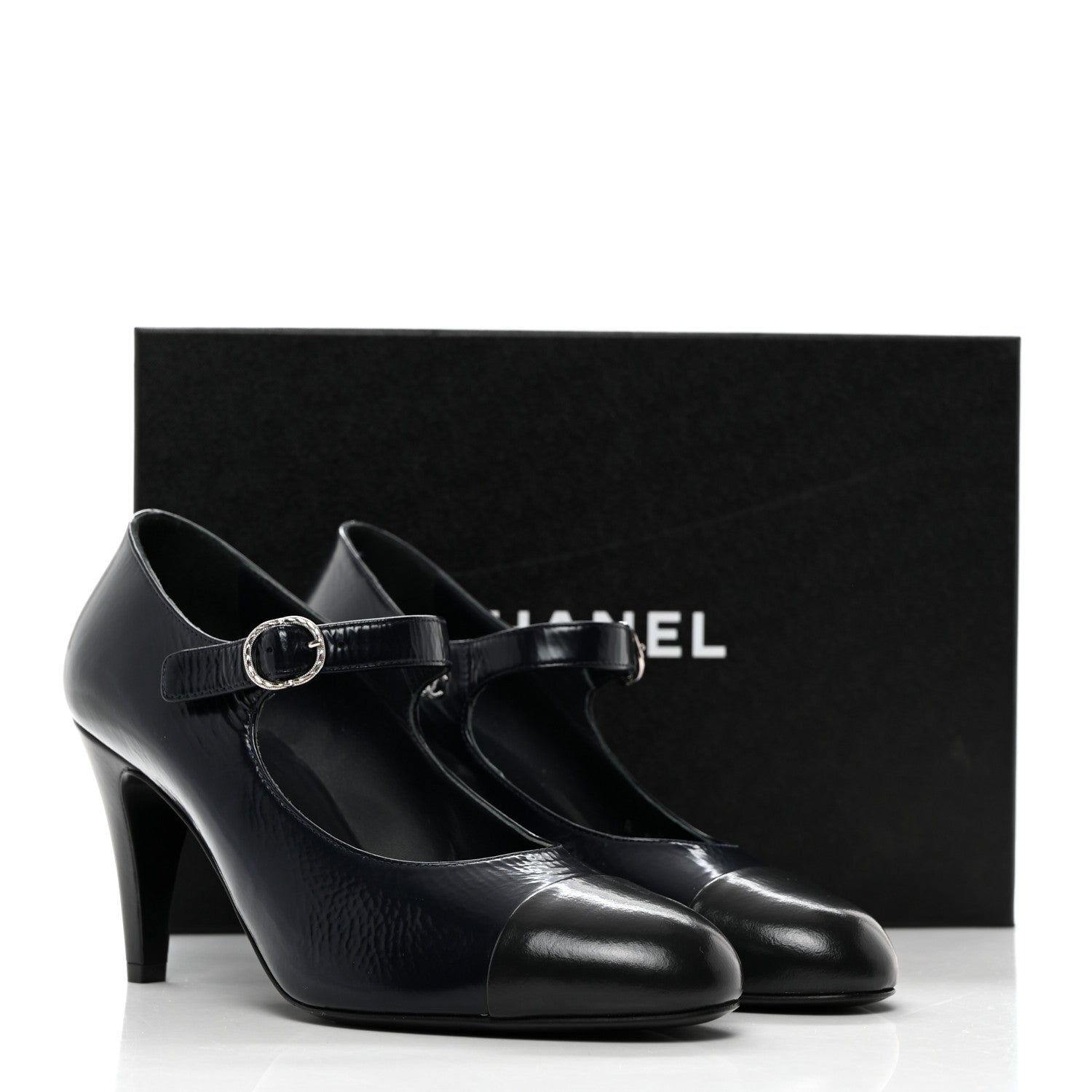 Chanel Shiny Goatskin Cap Toe Mary Jane Pumps 37 Navy Blue Dark Gray 9 of 9