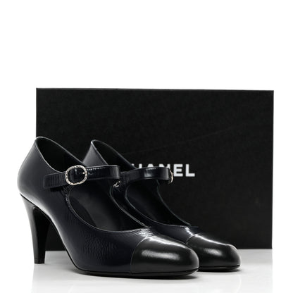 Chanel Shiny Goatskin Cap Toe Mary Jane Pumps 37 Navy Blue Dark Gray 9 of 9