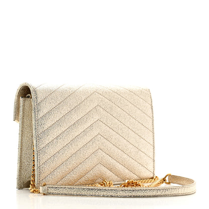 Saint Laurent Metallic Crackled Calfskin Matelasse Chevron Monogram Envelope Chain Wallet Gold 2 of 11