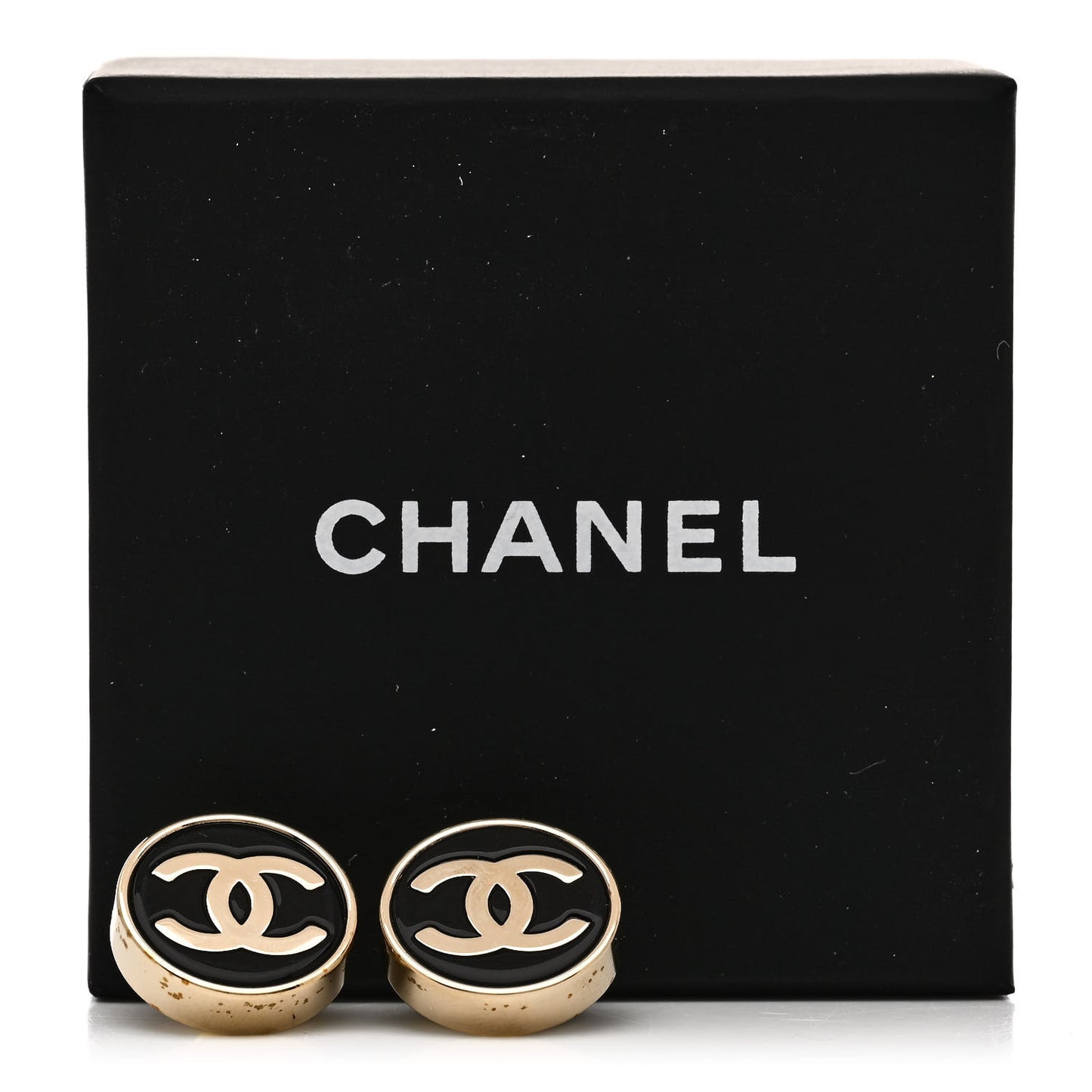 Metal Enamel CC Round Earrings Gold Black