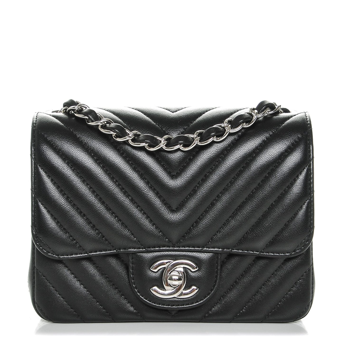 Lambskin Chevron Quilted Mini Square Flap Black