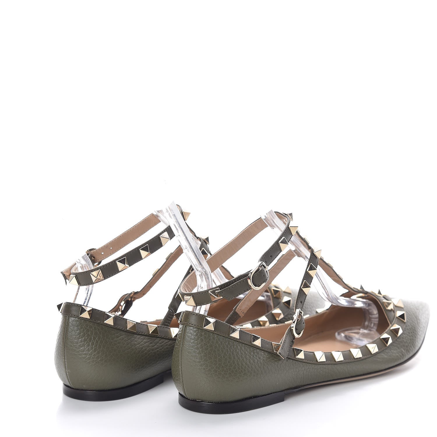 Valentino Garavani Pebbled Calfskin Rockstud Cage Ballerina Flats 39.5 Army Green 4 of 7