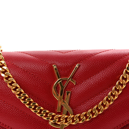 Saint Laurent Grain De Poudre Matelasse Chevron Small Monogram Chain Wallet Red 8 of 11