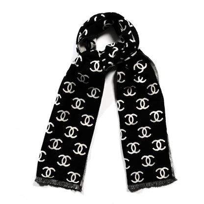 Chanel Wool Cashmere CC Scarf Black White 1 of 3