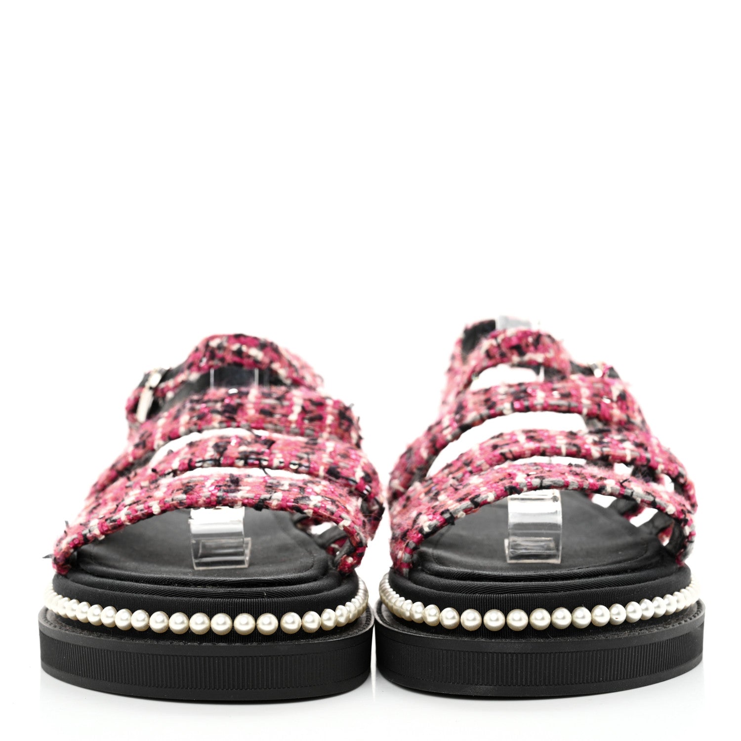 Chanel Tweed Pearl Flat Sandals 37.5 Red Black 2 of 10