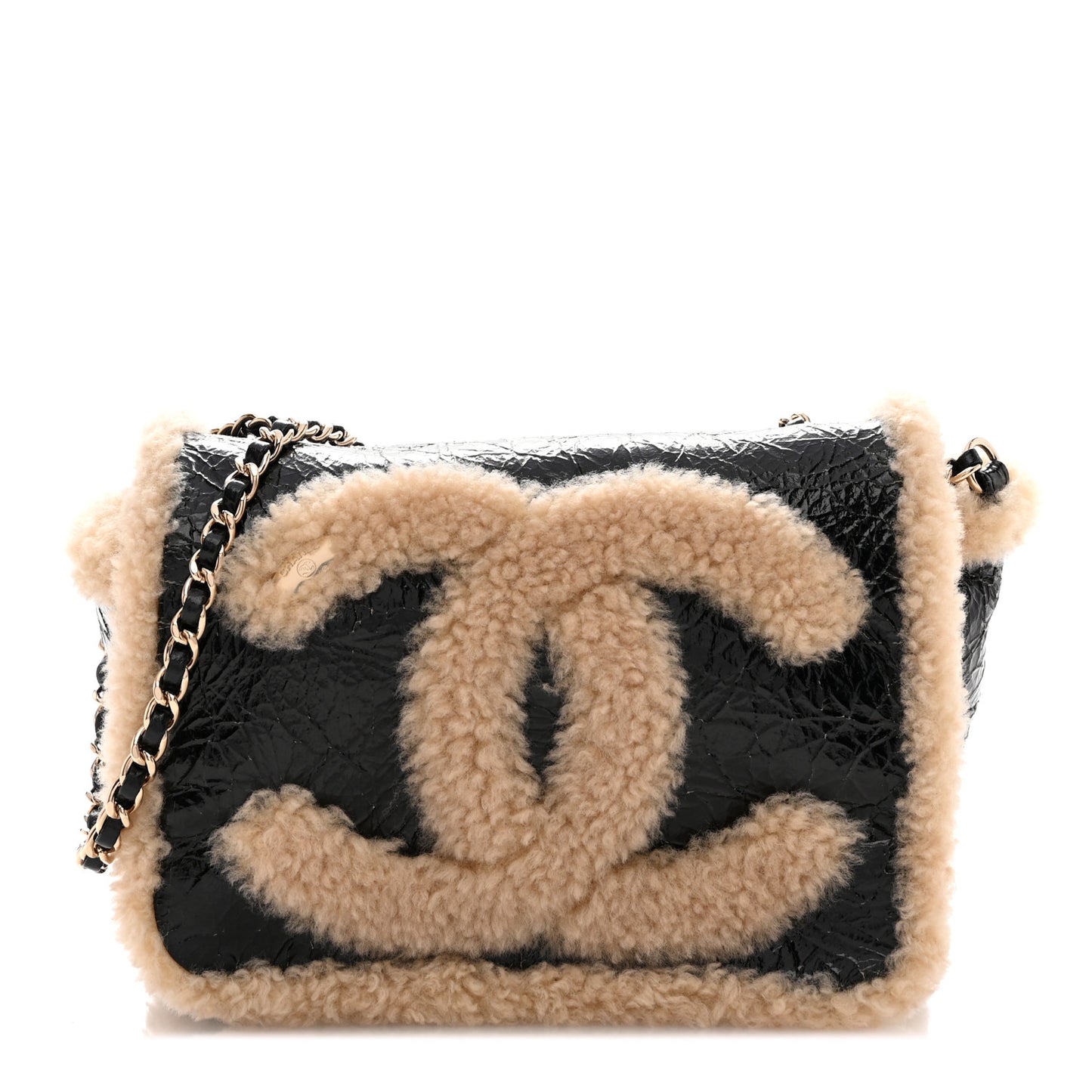 Shiny Crumpled Sheepskin Shearling CC Mania Flap Bag Black Beige