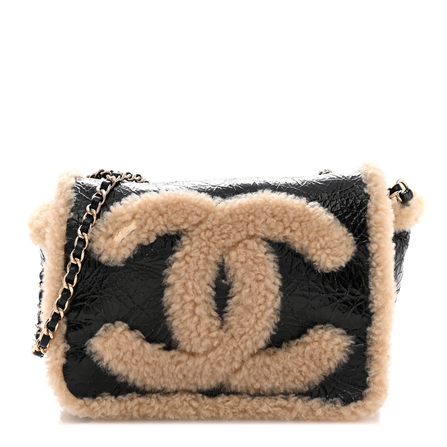 Chanel Shiny Crumpled Sheepskin Shearling CC Mania Flap Bag Black Beige 1 of 11