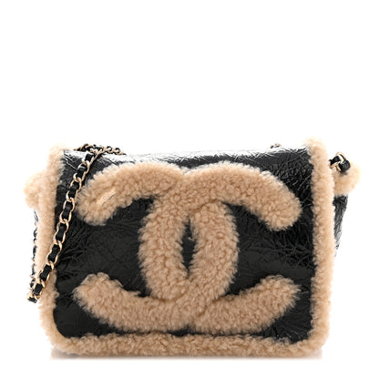 Chanel Shiny Crumpled Sheepskin Shearling CC Mania Flap Bag Black Beige 1 of 11