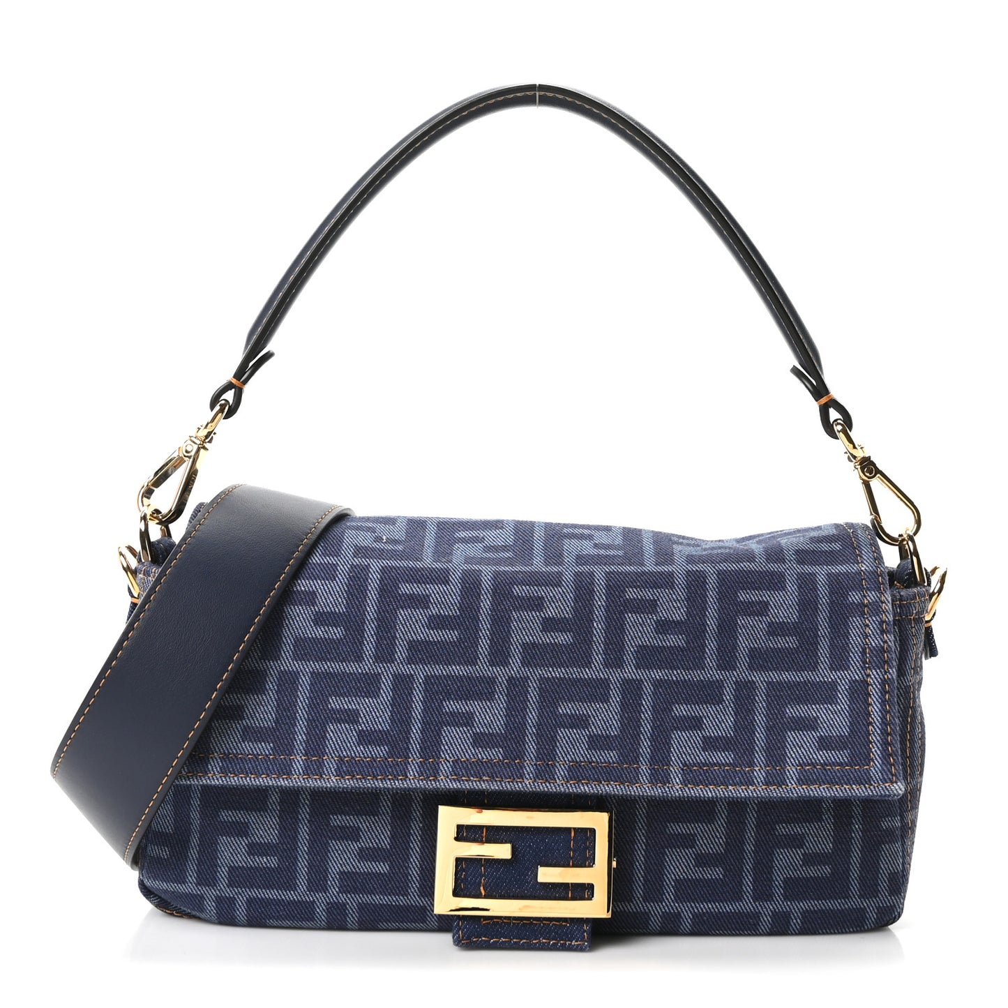 Denim FF Embroidered Reversible Baguette Blue
