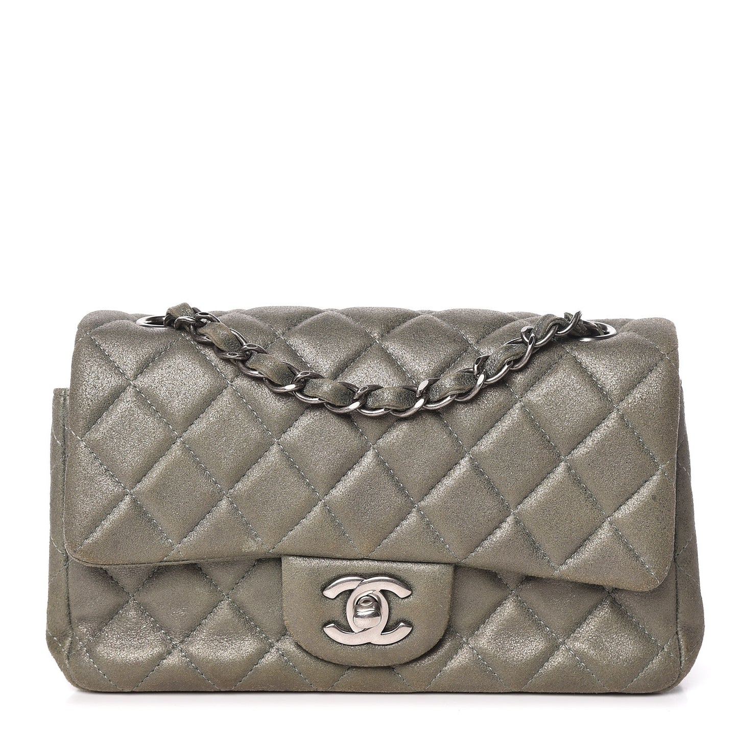 Iridescent Lambskin Quilted Mini Rectangular Flap Khaki