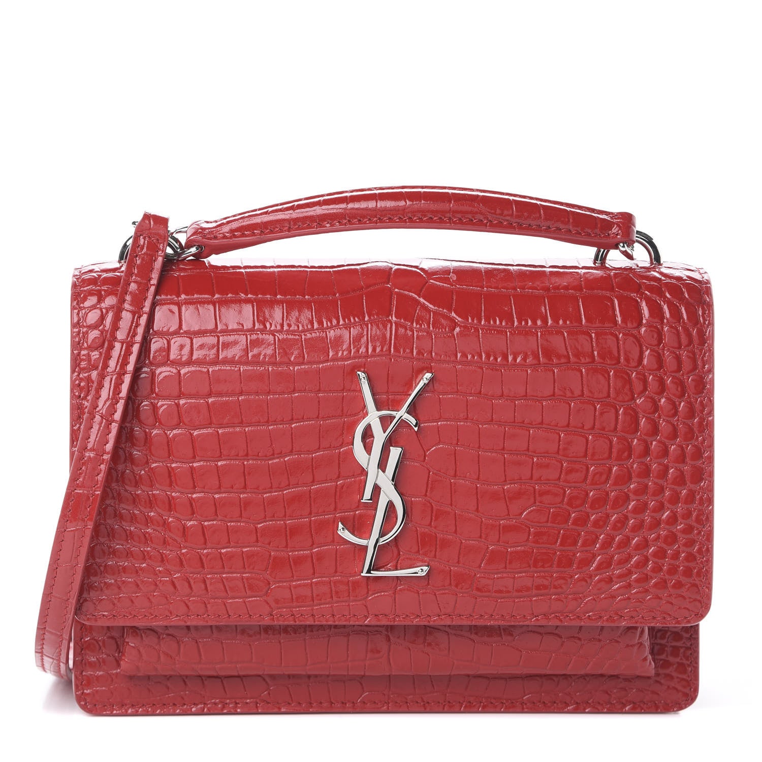 Saint Laurent Calfskin Crocodile Embossed Monogram Sunset Top Handle Chain Wallet New Lipstick Red 1 of 7
