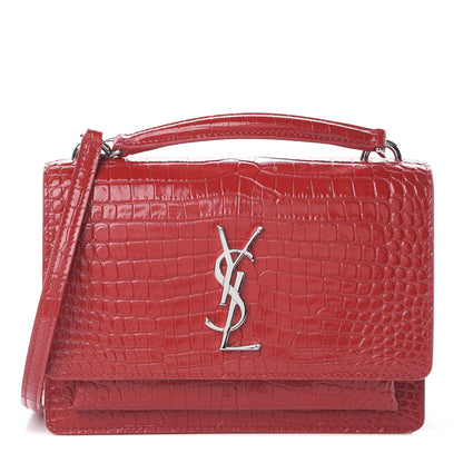 Saint Laurent Calfskin Crocodile Embossed Monogram Sunset Top Handle Chain Wallet New Lipstick Red 1 of 7