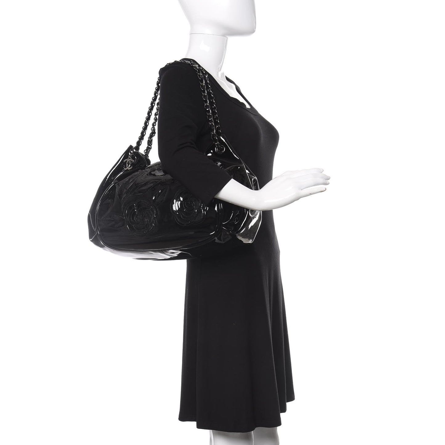 Patent Camellia Shoulder Bag Black