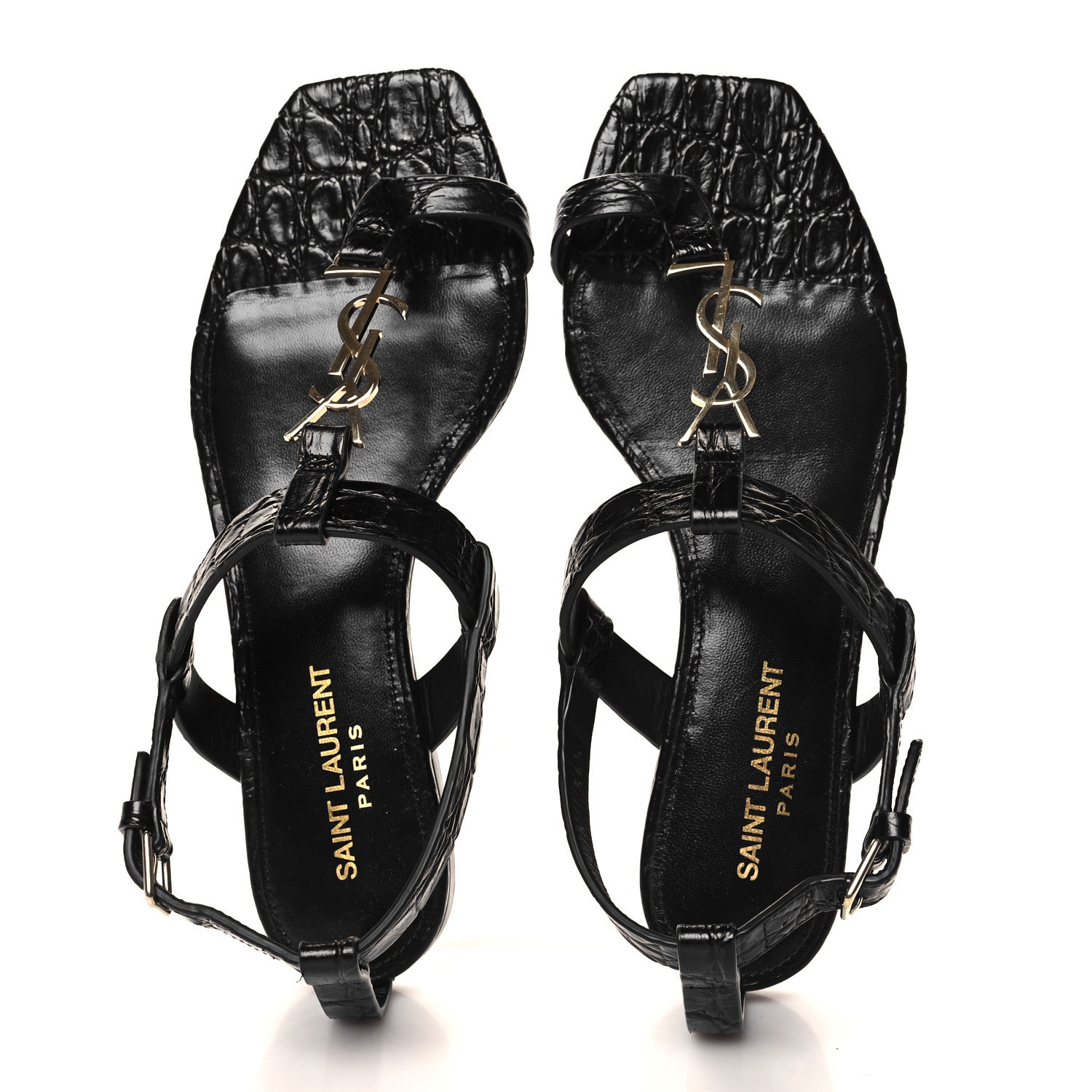 Saint Laurent Calfskin Crocodile Embossed Cassandra Monogram Sandals 36.5 Black 2 of 9