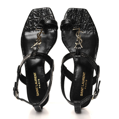Saint Laurent Calfskin Crocodile Embossed Cassandra Monogram Sandals 36.5 Black 2 of 9