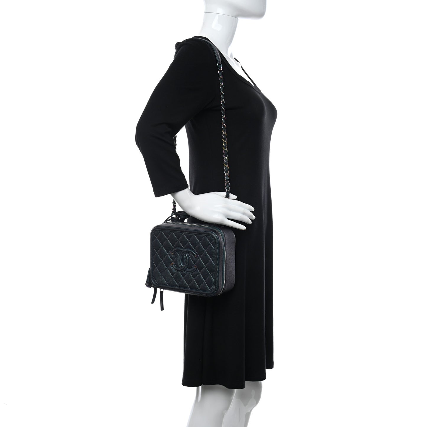 Iridescent Caviar Quilted Medium CC Filigree Vanity Case Dark Turquoise