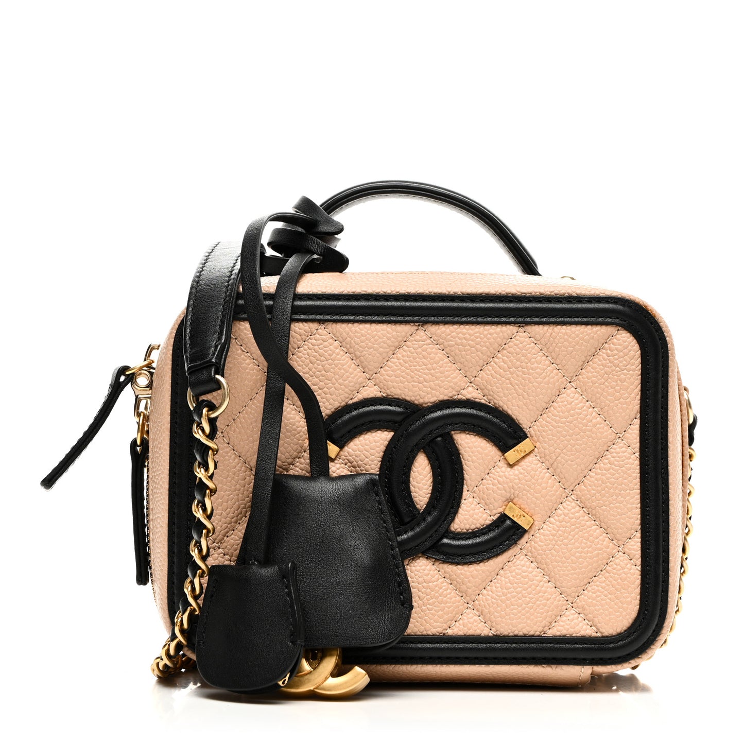 Caviar Quilted Small CC Filigree Vanity Case Beige Black