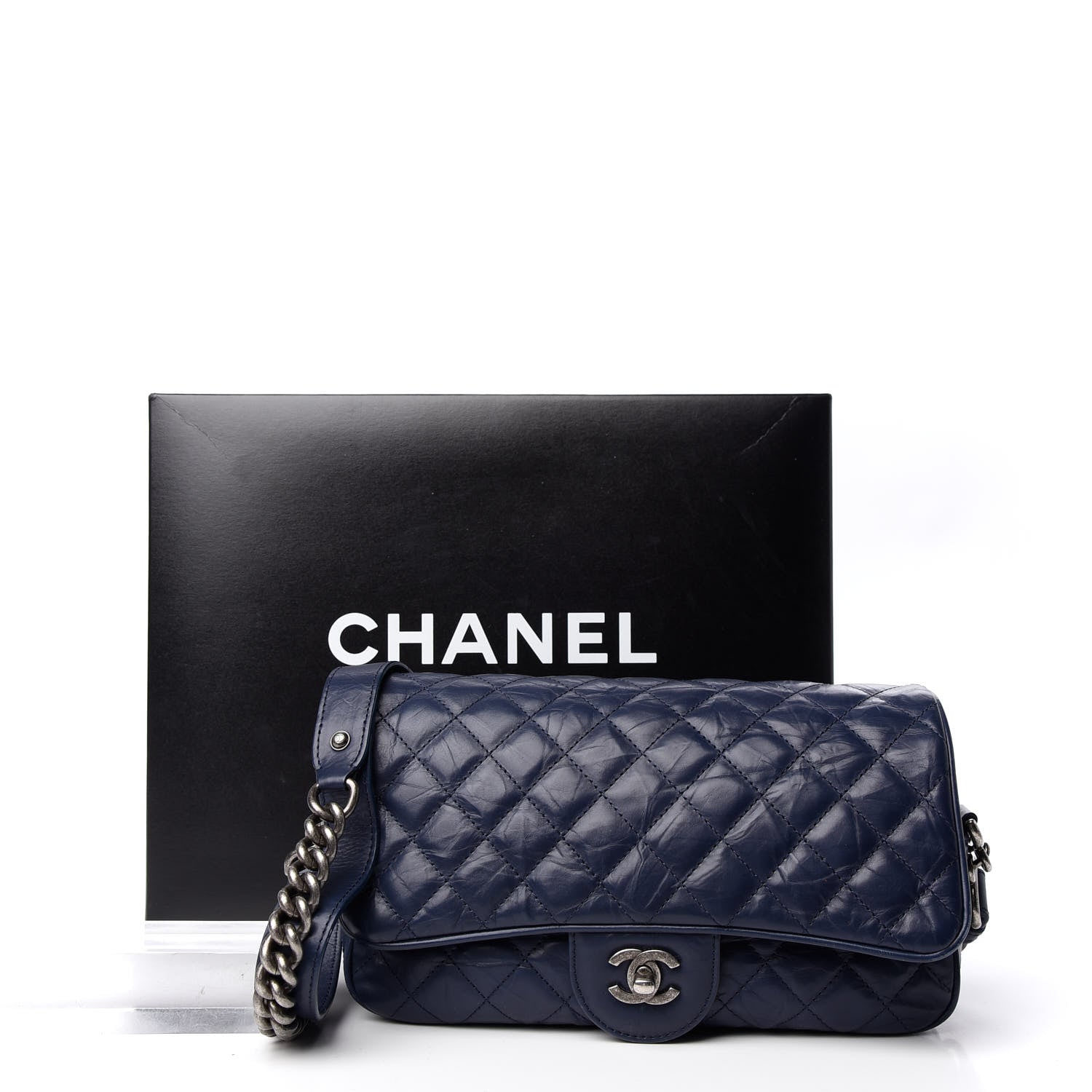 Chanel Aged Calfskin Quilted Medium Chain Detail Flap Navy Blue 10 of 15