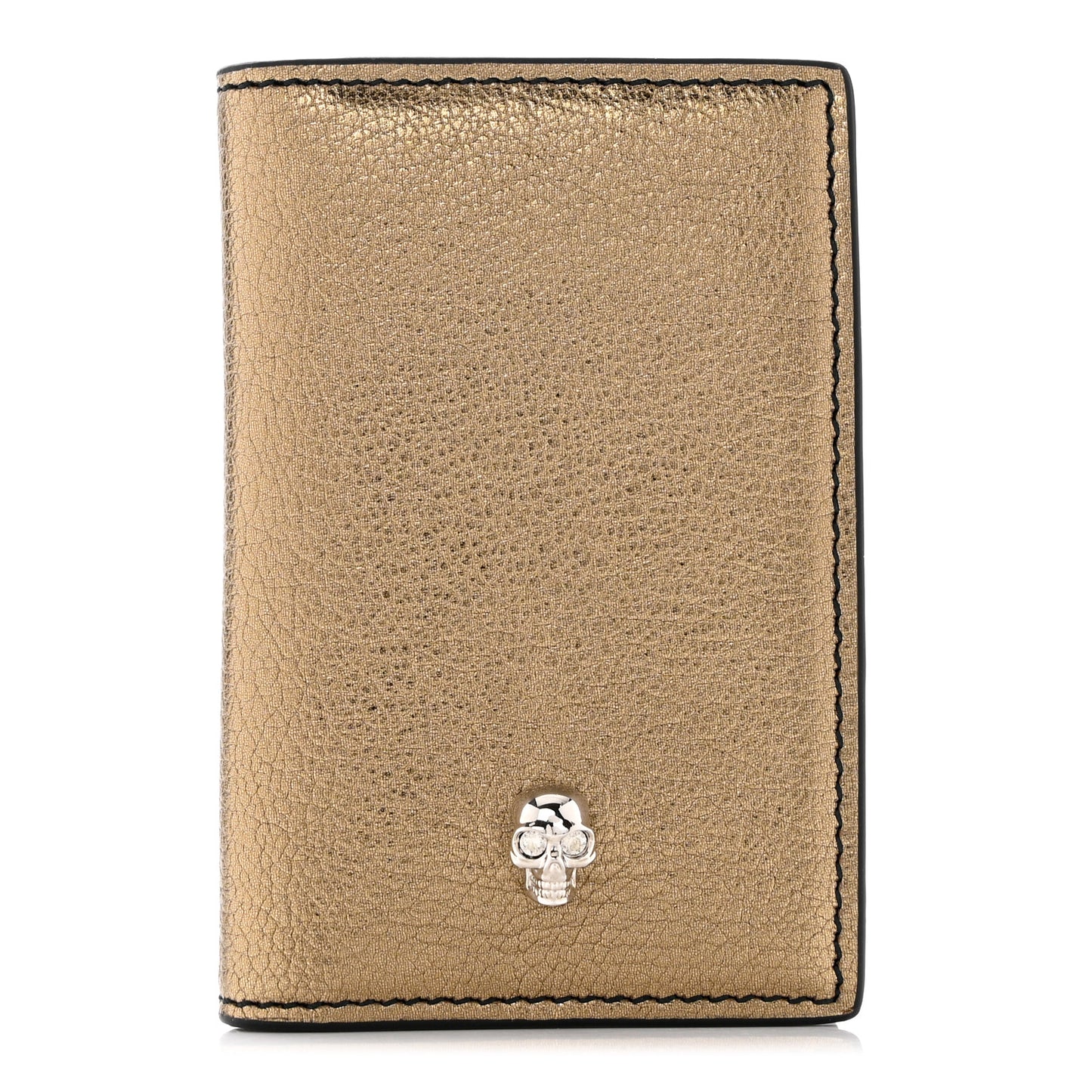 Metallic Calfskin Skull Bi Fold Card Holder Gold