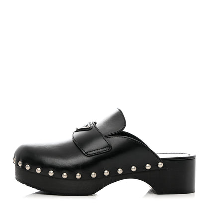 Prada Natural Calfskin Metal Triangle Logo 45mm Clogs 39 Black 1 of 11
