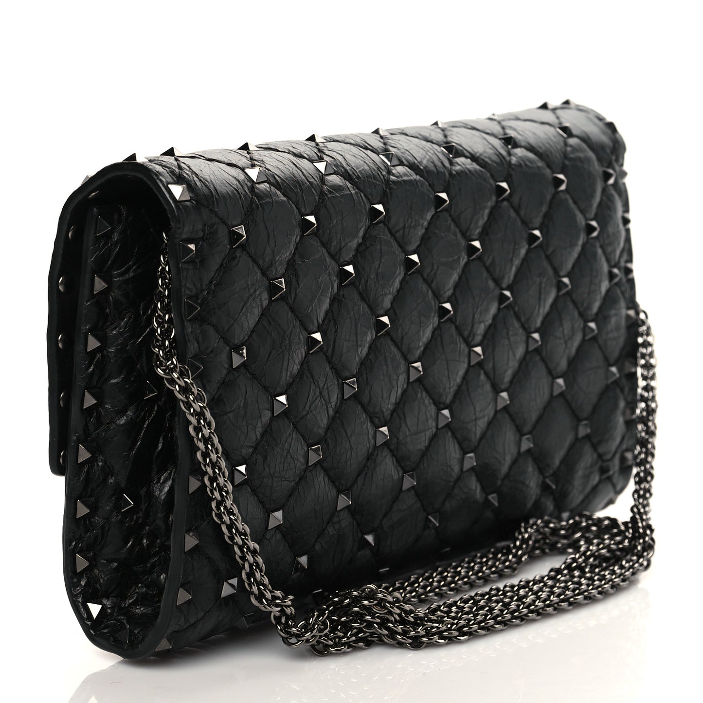 Craquele Nappa Rockstud Spike Wallet on Chain Black
