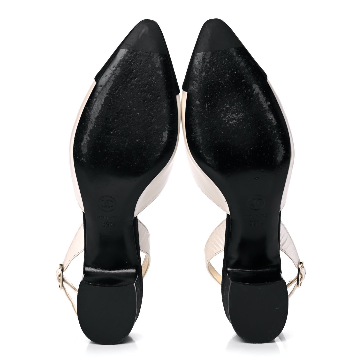 Chanel Metallic Calfskin Grosgrain Cap Toe CC Slingback Pumps 39.5 Ivory Black 5 of 9