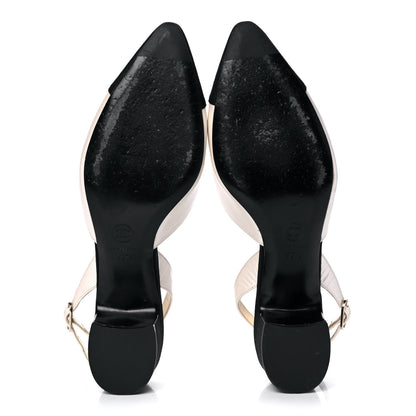 Chanel Metallic Calfskin Grosgrain Cap Toe CC Slingback Pumps 39.5 Ivory Black 5 of 9