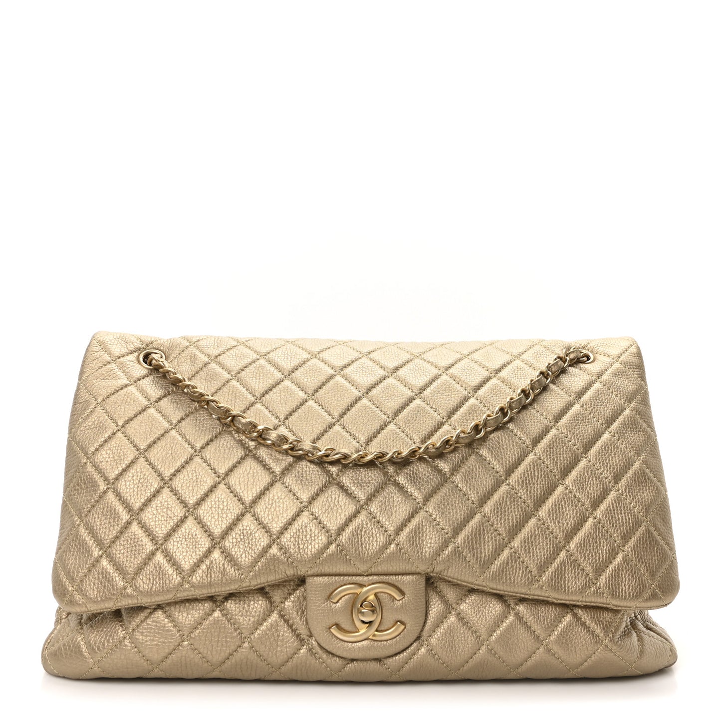 Metallic Calfskin Quilted Small XXL Travel Flap Bag Gold