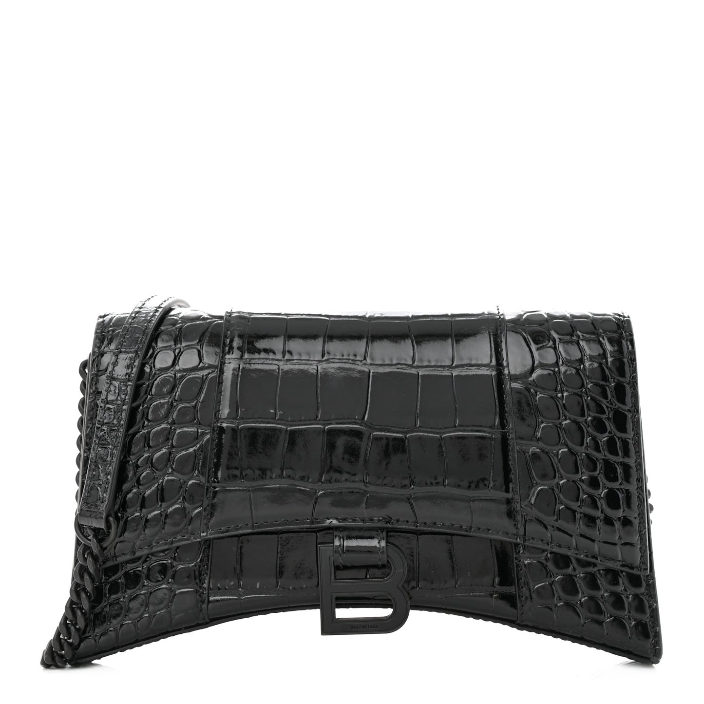 Shiny Calfskin Monochrome Crocodile Embossed Small Hourglass Evening Chain Bag Black