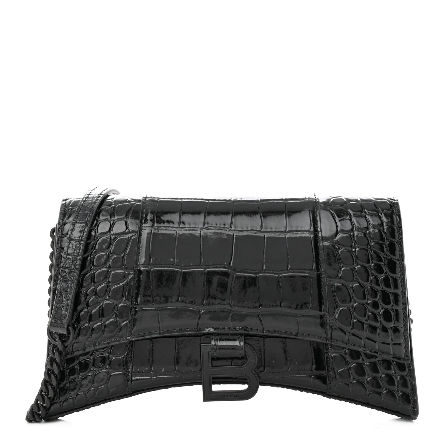 Balenciaga Shiny Calfskin Monochrome Crocodile Embossed Small Hourglass Evening Chain Bag Black 1 of 12