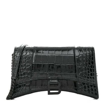 Balenciaga Shiny Calfskin Monochrome Crocodile Embossed Small Hourglass Evening Chain Bag Black 1 of 12