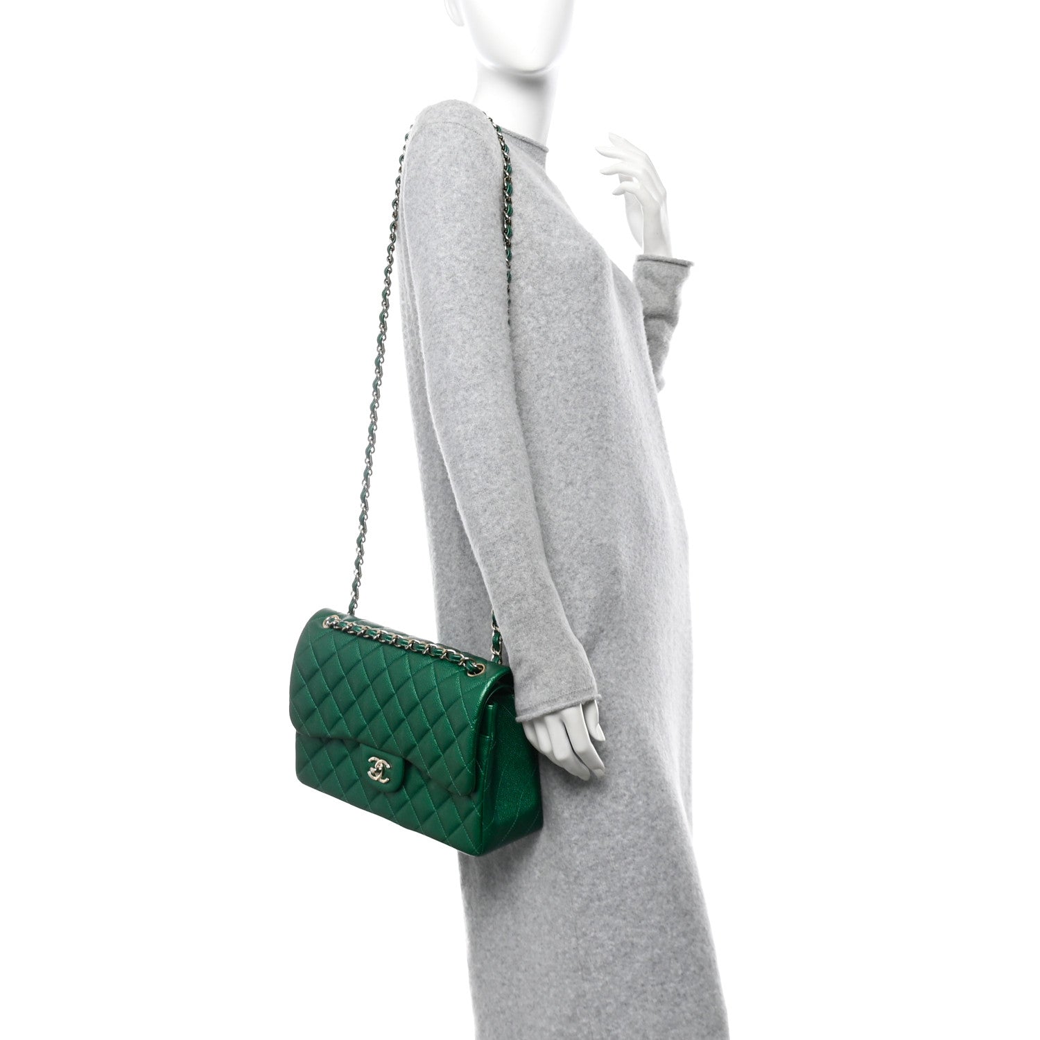 Chanel Metallic Caviar Quilted Jumbo Double Flap Green 2 of 10