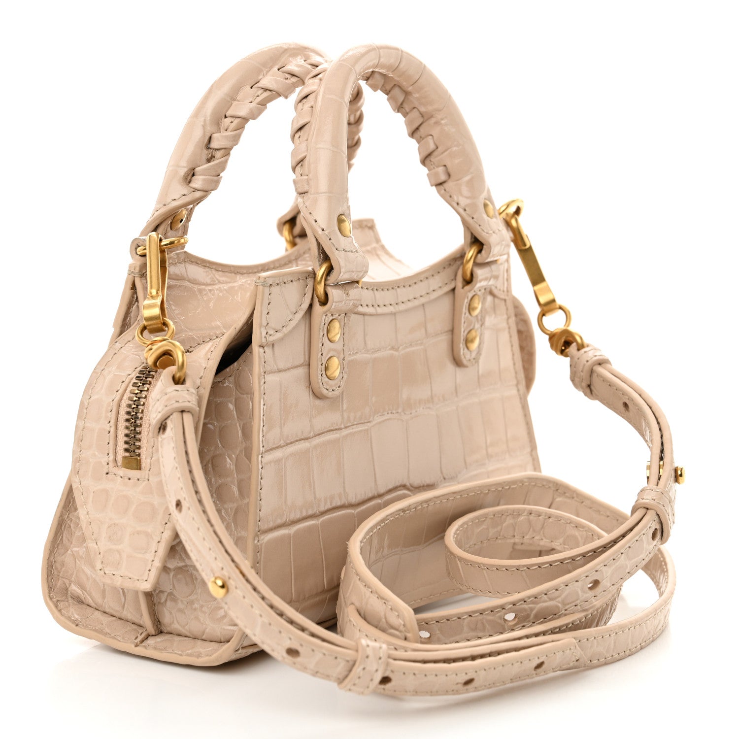 Balenciaga Shiny Supple Calfskin Crocodile Embossed Neo Classic Gold Hardware Nano City Crossbody Light Beige 3 of 13