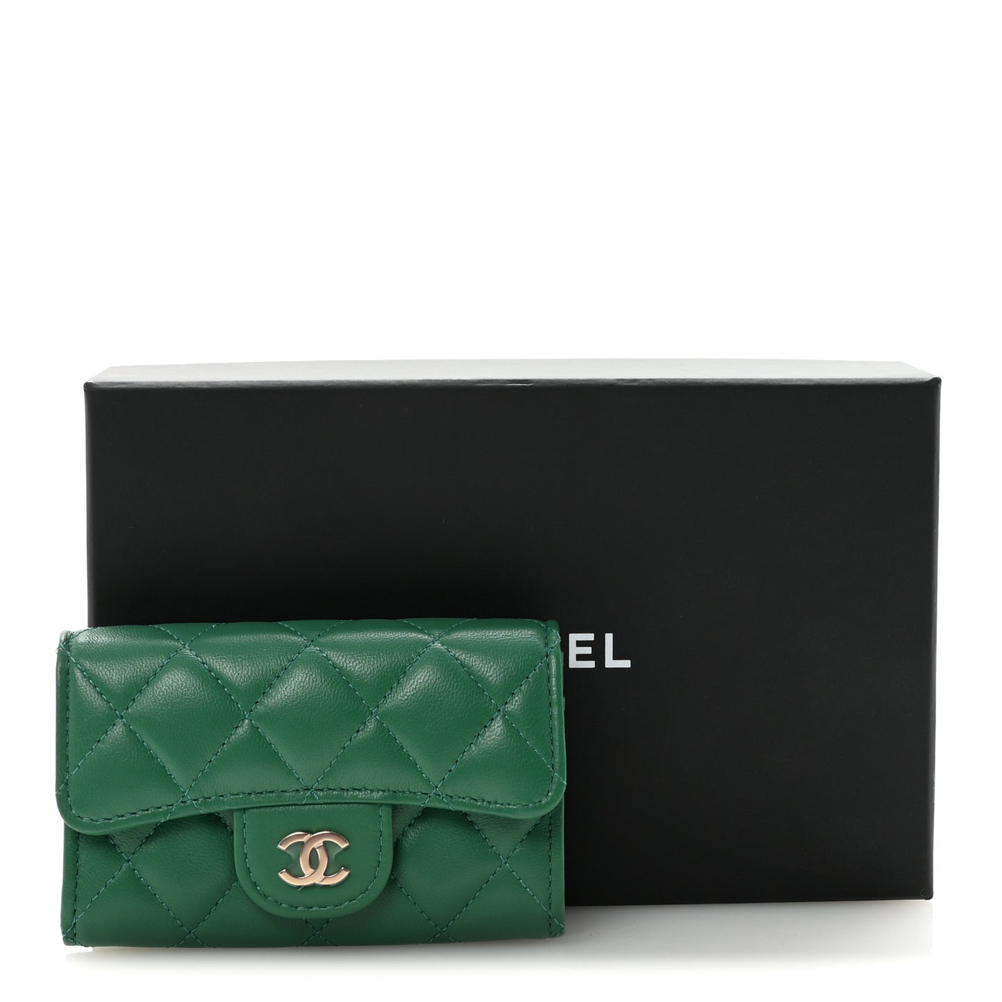 Lambskin Quilted Flap Card Holder Wallet Green