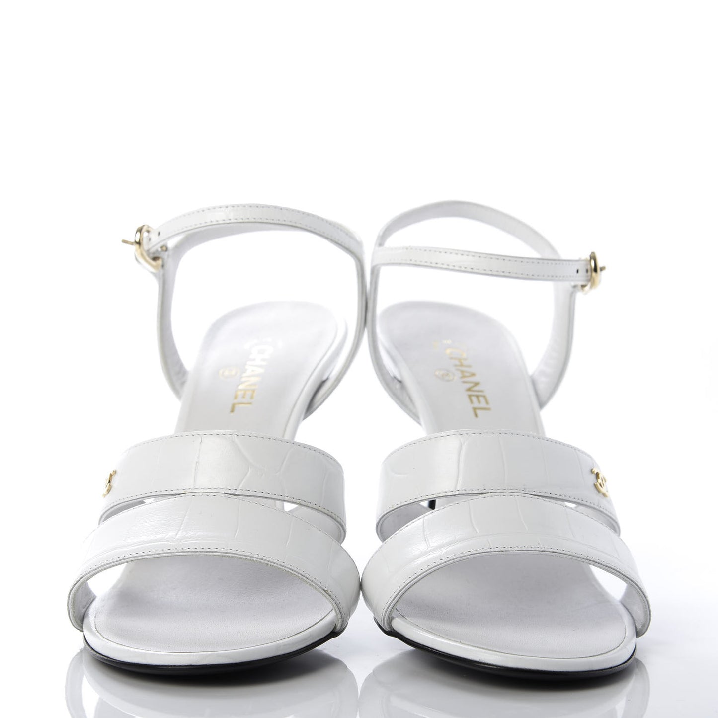 CHANELCalfskin Crocodile Embossed Sandals 36 White
