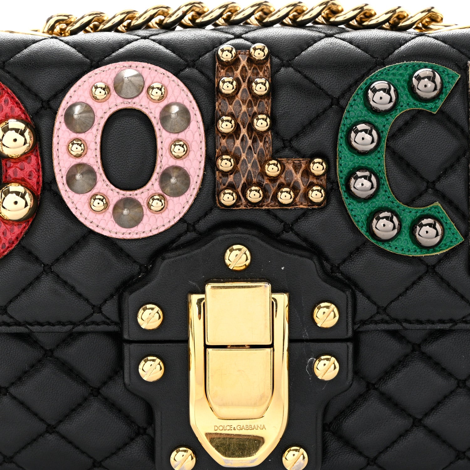 Dolce & Gabbana Lambskin Watersnake Embellished Lucia Shoulder Bag Black 7 of 11