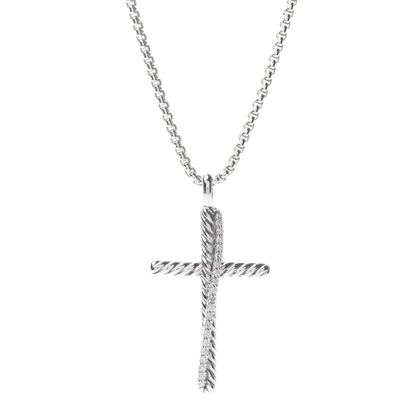 Sterling Silver Diamond Pave 29mm Crossover Cross Necklace
