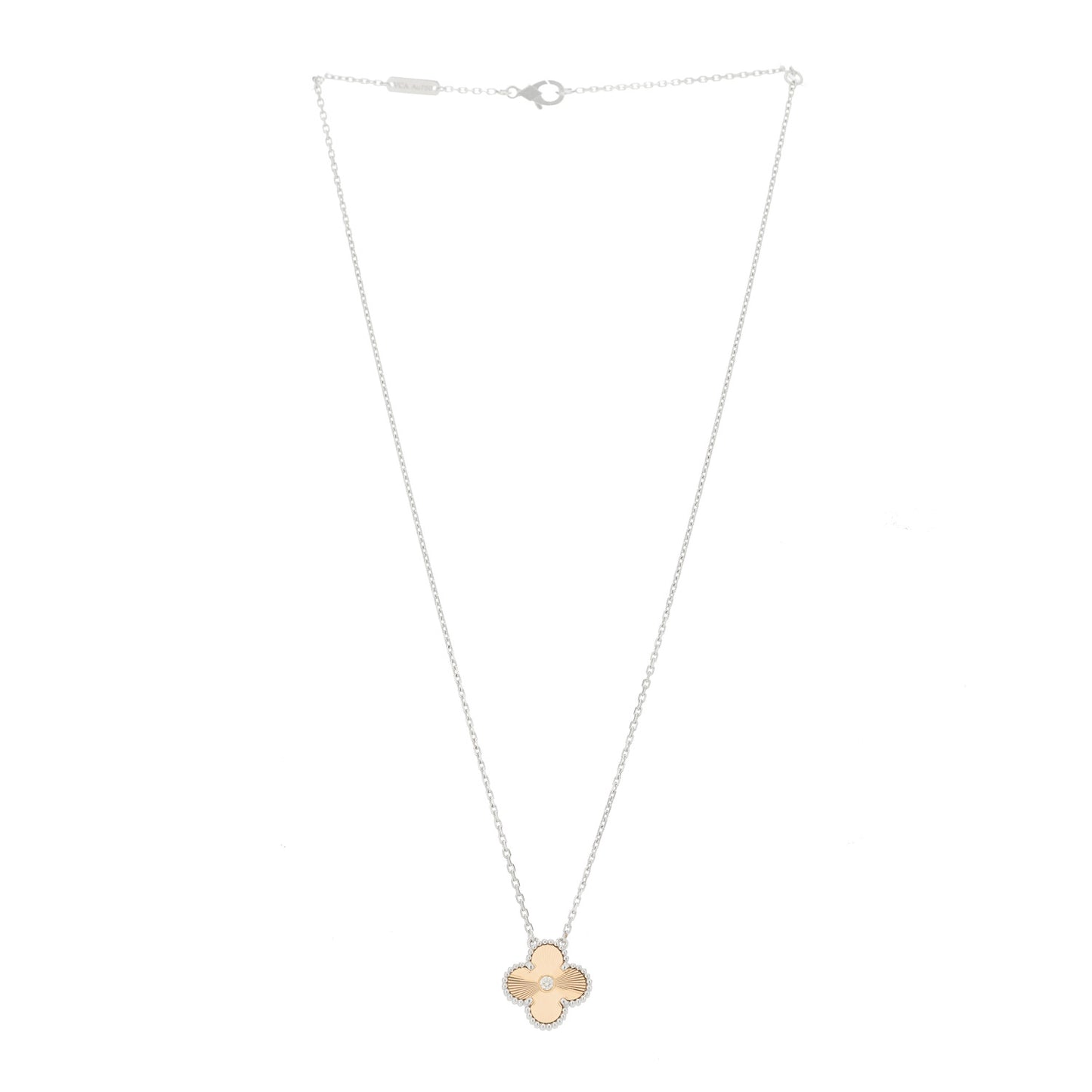 18K White Rose Gold Diamond Guilloche Vintage Alhambra Pendant Necklace
