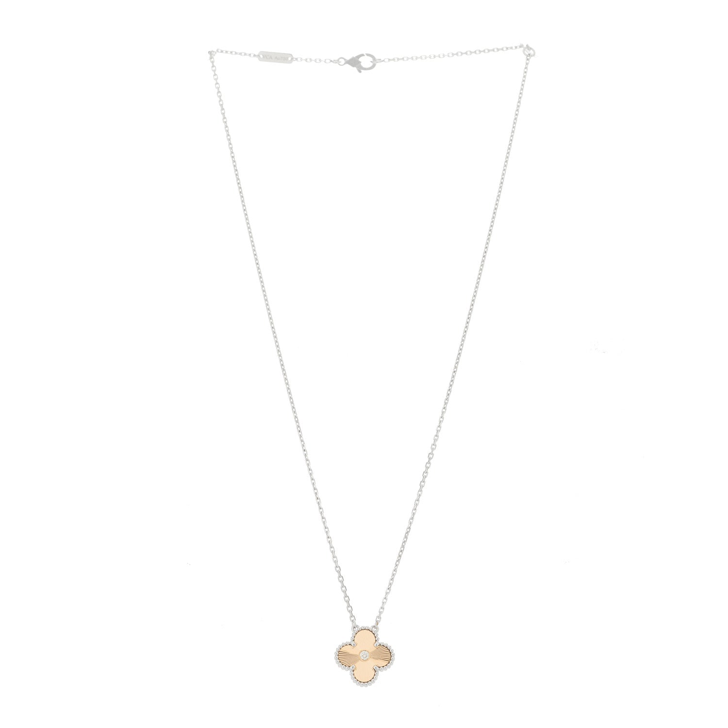 Van Cleef & Arpels 18K White Rose Gold Diamond Guilloche Vintage Alhambra Pendant Necklace 3 of 6