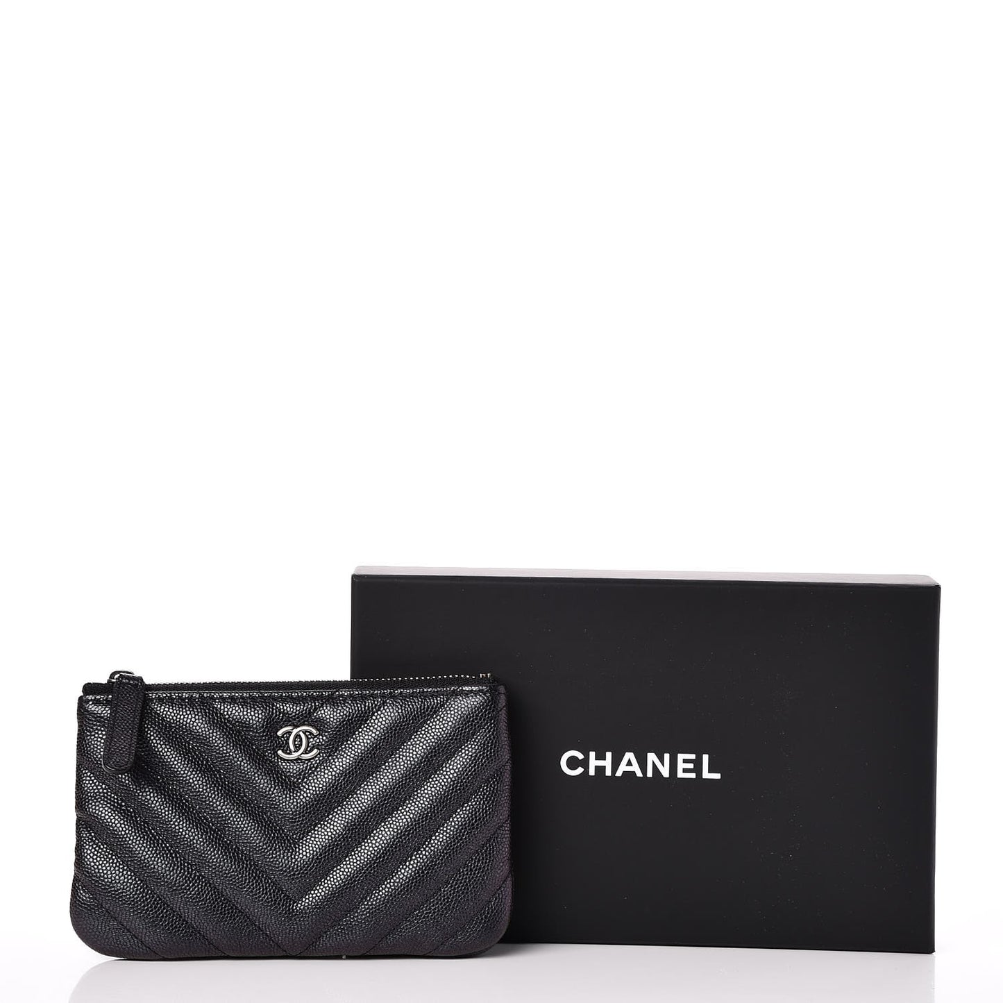 Metallic Caviar Chevron Quilted Small Cosmetic Case Black