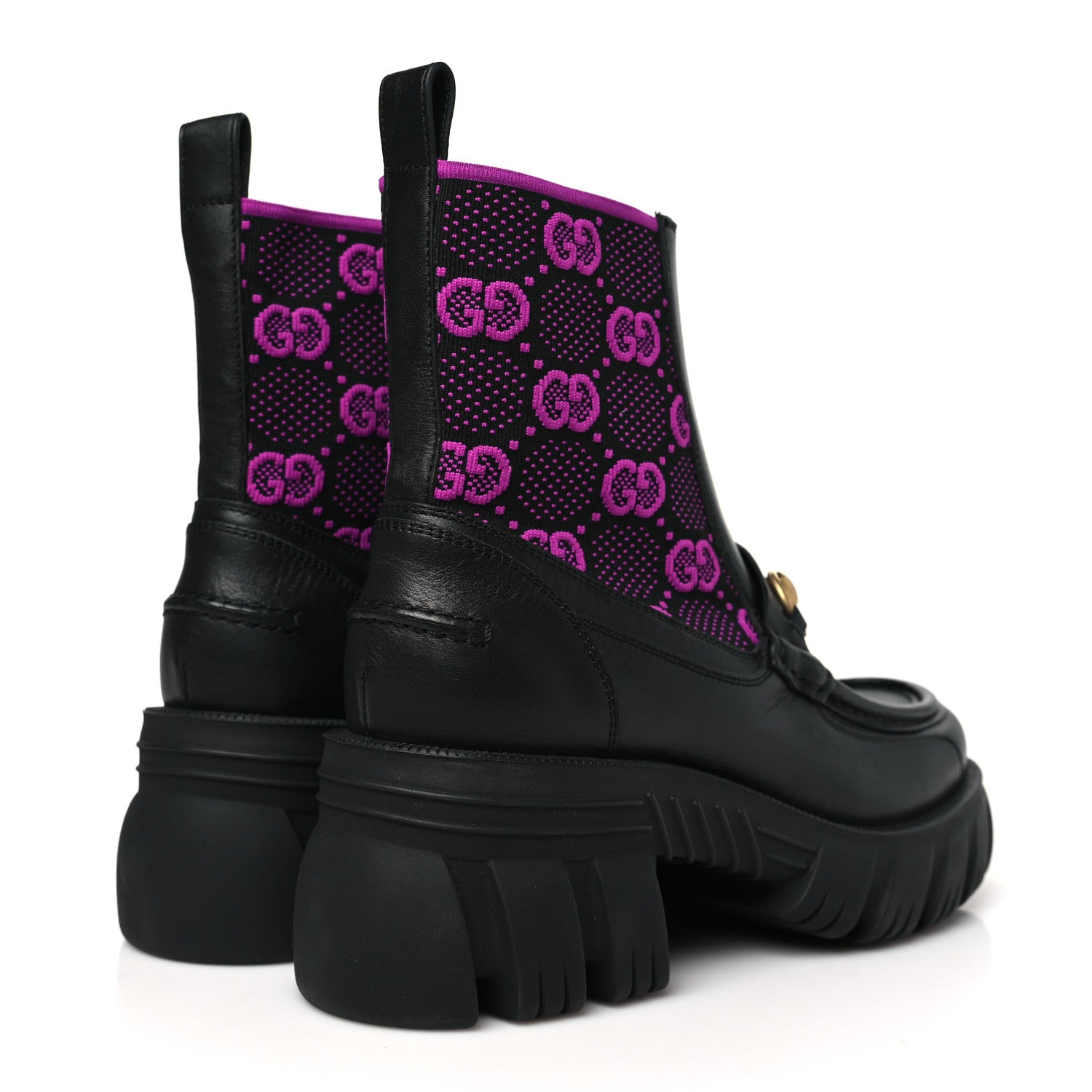 Gucci Quebec Calfskin Technical Jersey Knit GG Monogram Horsebit Ankle Boots 39 Black Fucsia 4 of 9