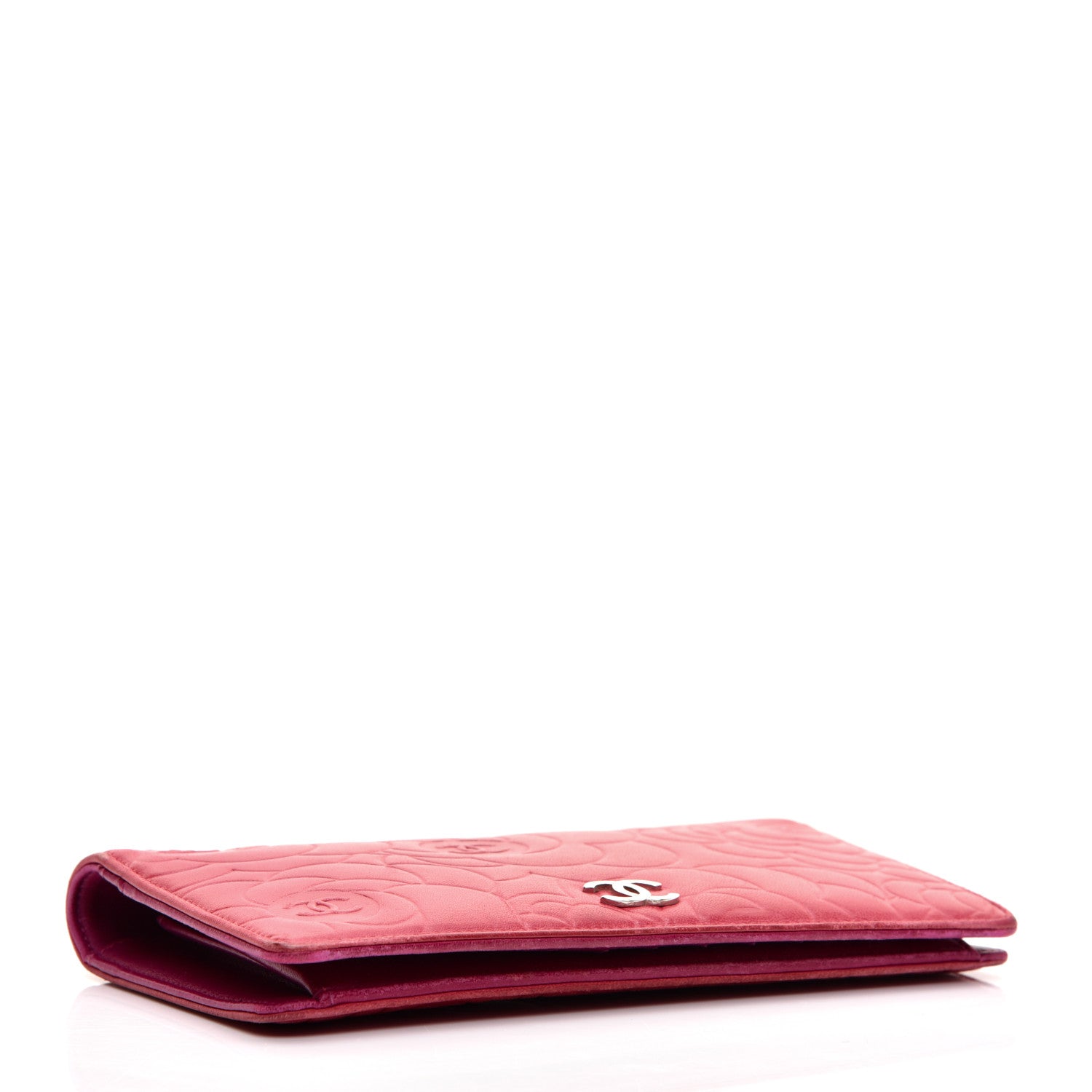 Chanel Lambskin Camellia Embossed Yen Wallet Fuchsia 4 of 11