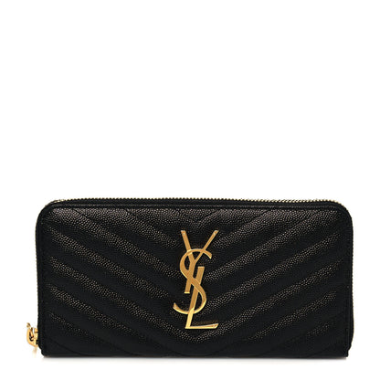 Saint Laurent Grain De Poudre Matelasse Chevron Monogram Zip Around Wallet Black 1 of 12