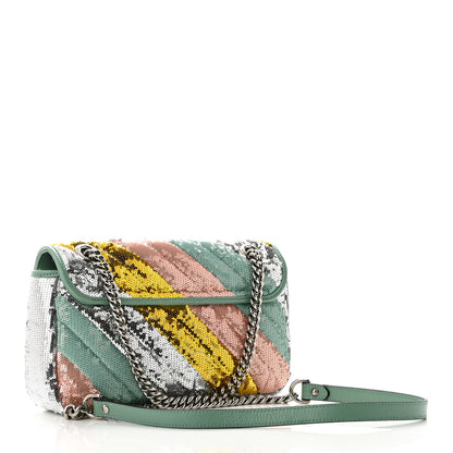 Gucci Sequin Satin Calfskin Matelasse Diagonal Small GG Marmont Shoulder Bag Grigio Argento Verde Chiaro Rosa Giallo Light Water Green 2 of 10