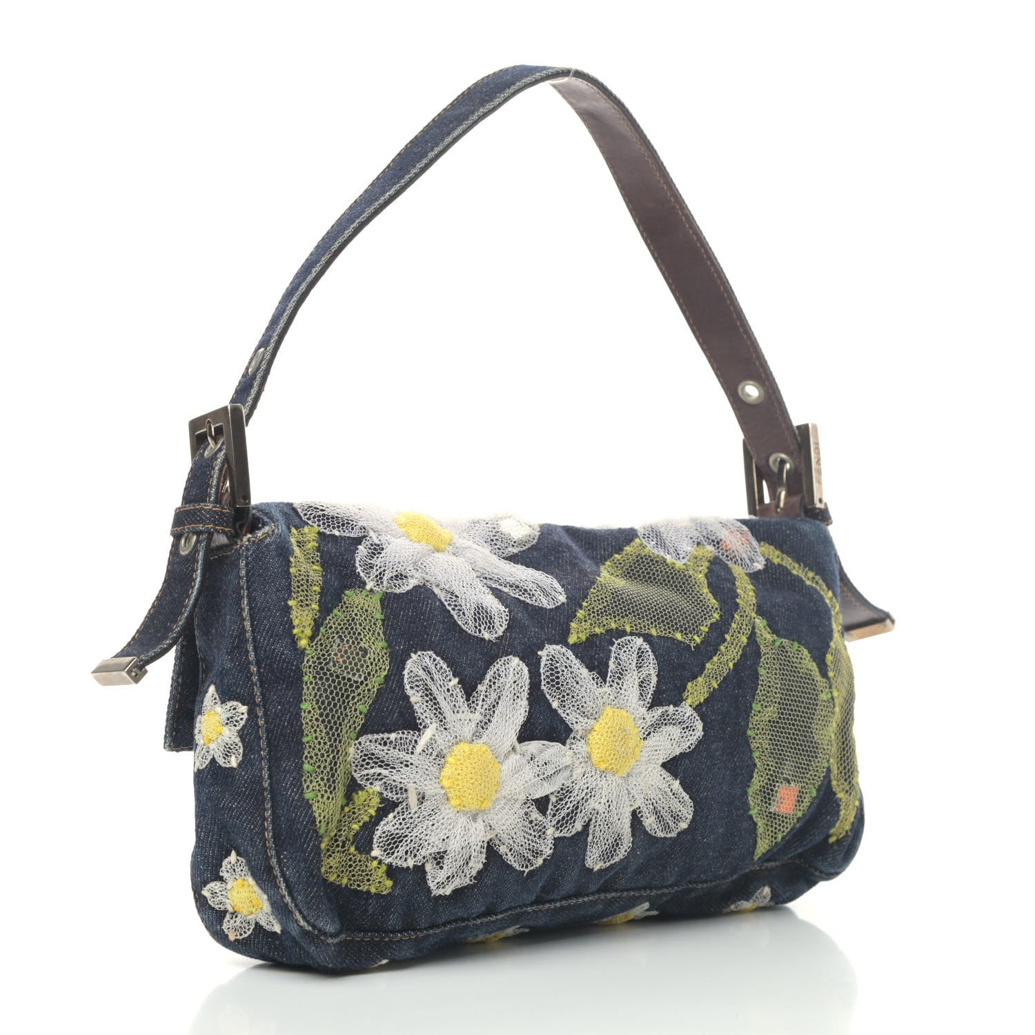 Fendi Denim Flower Applique Baguette Blue 2 of 4