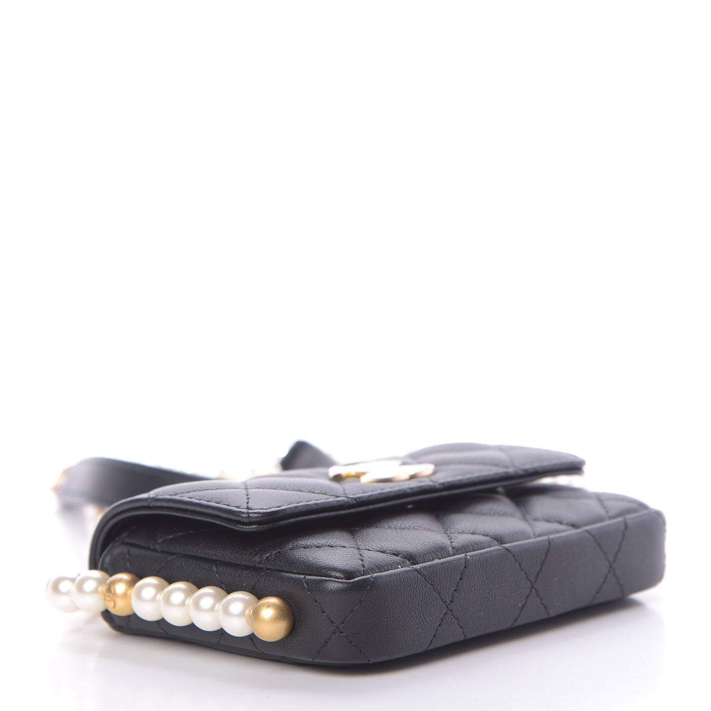 Calfskin Quilted About Pearls Card Holder Flap With Chain Black